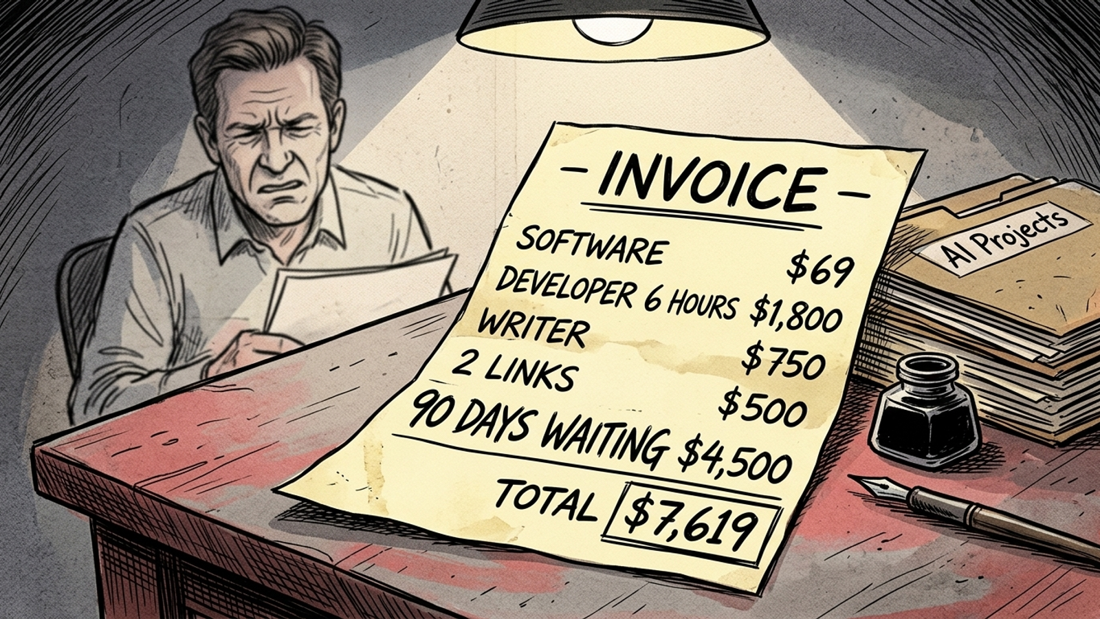 Invoice with software, labor, and waiting-time line items