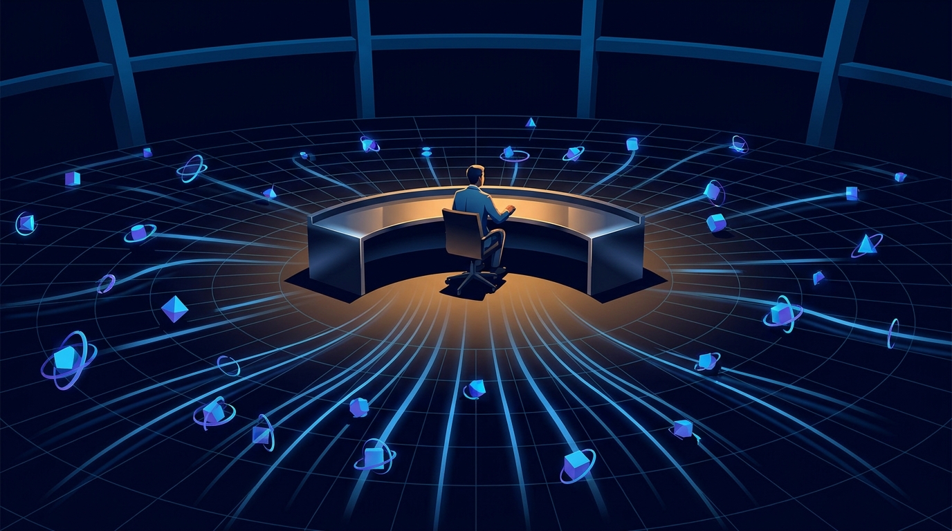 A commanding editorial illustration of interconnected glowing nodes and a central human figure overseeing a vast automated network, symbolizing AI-human Google Ads management at scale.